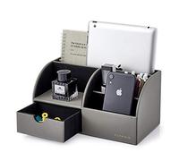 Vlando Elegant Desk Organiser with 5 Compartments, Pen Holder, includes Drawer, Leather, Multifunctional Office Organiser for Mobile Phone, Remote Control, Gifts