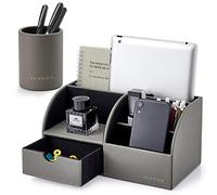 Vlando Elegant Grey Desk Organiser with Drawer, Pen Holder, Office Organiser for Tablet PC, Remote Control Holder