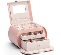 Vlando Jewellery Box for Girls, 3 Layers Leather Jewelry Storage box with Mirror & Removable Pillow for Rings Bracelets Earrings Necklaces, with Gift Card, Gift Choice (Peach Pink)