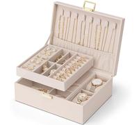 Vlando Jewelry Storage Jewelry Box with Removable Tray, Watch Pillow & Dustproof Compartment for Necklaces, Earrings, Rings, Bracelets (Light Pink, Apricot White)