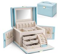 Vlando Large Jewellery Box for Women, High-End PU Leather Mirror Jewellery Boxes with 3 Drawers Jewelry Storage, Earrings, Rings, Necklaces, Bracelets, Brooches, Watches Organiser