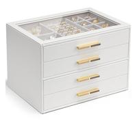 Vlando Large Jewellery Box with 4 Levels, Jewellery Organiser with Glass Lid, 4 Drawers, for Necklaces, Earrings, Watches, Bracelets, Jewellery Storage, Modern, Cinderella Plus, White