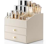 Vlando Makeup Organiser, Faux Leather Cosmetic Organiser with 2 Drawer, Dressing Table Organiser for Lipstick, Jewellery & Skincare Storage,Beige