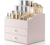 Vlando Makeup Organizer,Skincare Organizer for Vanity，PU Leather Make up Organizer with Drawers Cosmetic Display Case for Countertop,Perfume,Gifts Ideas for Women (Apricot White)