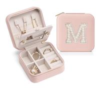Vlando Travel Jewelry Case for Women Girls, L Initial Travel Jewelry Case, Small Jewelry Box, Personalized Mini Jewelry Box, Birthday Gifts for Women Mom Grandma - Letter M, Pink