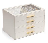 Vlando White Jewellery Box with Glass Lid, 4-Tier Jewellery Organiser, Jewellery Storage with 4 Drawers for Watches,Sunglasses, Gift for Women, For Ring, Necklace, Earring, Bracelet, White