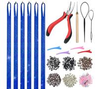 Vlasy Hair Extensions Tools Kit, 6 PCS 48 Inch Hair Tinsel Kit with Pliers, Pulling Hook Needle and 250 PCS 5mm Silicone Micro Beads, Fairy Tinsel Extensions and Hair Glitter Strands(Blue)