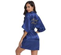 Vlazom Bridal Bridesmaid Robes Silk Bride Party Robes Dressing Gwon, Wedding Day Robes, Glitter Bridesmaid Kimono Bathrobe-Maid of Honor Dark Blue XXL(UK 20-24)
