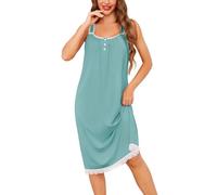 Vlazom Cotton Nighties for Women Sleeveless Nightgown Elegant Lace Trim Ladies Nightdress Sleep Shirt Loungewear with Buttons Light Green,L