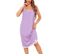 Vlazom Cotton Nighties for Women Sleeveless Nightgown Elegant Lace Trim Ladies Nightdress Sleep Shirt Loungewear with Buttons Light Purple,L