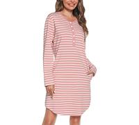 Vlazom Ladies Cotton Nightdresses,Soft Stripes Nightshirt for Women Long Sleeve Sleep Dress Sleepwear with Pockets, A-Pink, M