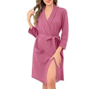 Vlazom Ladies Dressing Gown Waffle Shawl Collar Kimono Robe Soft Cotton Spa Bathrobe with Pockets for All Season Black,L
