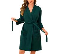 Vlazom Ladies Dressing Gown Waffle Short Kimono Robe Soft Cotton Spa Bathrobe with Pockets for All Season Dark Green,M