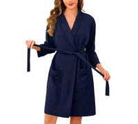 Vlazom Ladies Dressing Gown Waffle Short Kimono Robe Soft Cotton Spa Bathrobe with Pockets for All Season Navy Blue,S