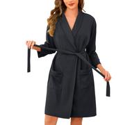 Vlazom Ladies Dressing Gown Waffle Short Kimono Robe Soft Cotton Spa Bathrobe with Pockets for All Season Dark Grey,L