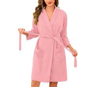 Vlazom Ladies Dressing Gown Waffle Short Kimono Robe Soft Cotton Spa Bathrobe with Pockets for All Season Dusky Pink,XL