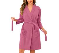 Vlazom Ladies Dressing Gown Waffle Short Kimono Robe Soft Cotton Spa Bathrobe with Pockets for All Season Rose Red,L