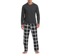 Vlazom Men's Pajamas Set Long Sleeves Soft Pj Top and Plaid Pants for Sleepwear Loungewear with Pockets,A-Black,XL