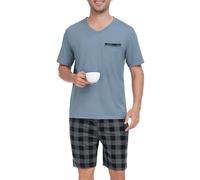 Vlazom Men's Pyjamas Set Short Sleeve Soft Pj's Top and Plaid Shorts for Sleepwear Loungewear with Pockets Dusky Blue,XXL