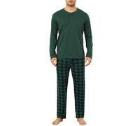 Vlazom Men's Pyjamas Sets Long-Sleeve Pj's Set Soft Loungwear Solid Top and Check Pant with Pockets A-Dark Green,S