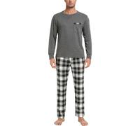 Vlazom Men's Pyjamas Sets Long-Sleeve Pj's Set Soft Loungwear Solid Top and Check Pant with Pockets D-Dark Grey,L