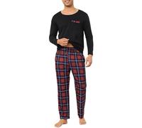 Vlazom Men's Pyjamas Sets Long-Sleeve Pj's Set Soft Loungwear Solid Top and Check Pant with Pockets D-Navy/Red,XXL