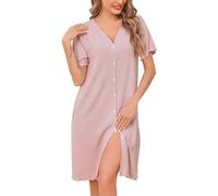 Vlazom Nighties for Women, Ladies Button Down Nightdress Classical Sleep Shirt Dress Relaxed Nightshirt Sleepwear Rose Pink,M