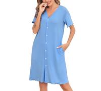 Vlazom Nighties for Women, Ladies Button Down Nightdress Classical Sleep Shirt Dress Relaxed Nightshirt Sleepwear Blue,L