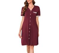 Vlazom Nighties for Women, Ladies Button Down Nightdress Classical Sleep Shirt Dress Relaxed Nightshirt Sleepwear Wine Red,L