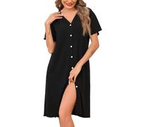 Vlazom Nighties for Women, Ladies Button Down Nightdress Classical Sleep Shirt Dress Relaxed Nightshirt Sleepwear Dark Black,XXL