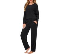 Vlazom Pyjamas for Women, Ladies 2 Piece Outfits Loungewear Sets Soft Ribbed Leisure Suits Pyjamas Set Long Sleeve Jumpers and Wide Leg Pants with Drawstring & Pockets S-XXL