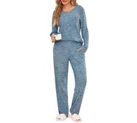 Vlazom Pyjamas for Women, Ladies 2 Piece Outfits Loungewear Sets Soft Ribbed Leisure Suits Pyjamas Set Long Sleeve Jumpers and Wide Leg Pants with Drawstring & Pockets S-XXL