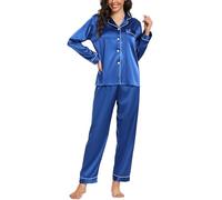 Vlazom Pyjamas for Women, Soft Satin Long Sleeve Pjs Set Two Piece Silk Pyjamas Classic Button Down Sleepwear Loungewear for All Seasons Dark Blue,XL
