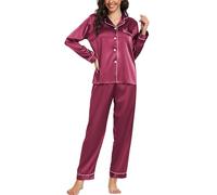 Vlazom Pyjamas for Women, Soft Satin Long Sleeve Pjs Set Two Piece Silk Pyjamas Classic Button Down Sleepwear Loungewear for All Seasons Wine Red,XXL