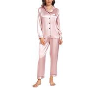 Vlazom Pyjamas for Women, Soft Satin Long Sleeve Pjs Set Two Piece Silk Pyjamas Classic Button Down Sleepwear Loungewear for All Seasons Pink,XL
