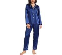 Vlazom Pyjamas for Women, Soft Satin Long Sleeve Pjs Set Two Piece Silk Pyjamas Classic Button Down Sleepwear Loungewear for All Seasons Navy Blue,M