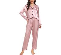 Vlazom Pyjamas for Women, Soft Satin Long Sleeve Pjs Set Two Piece Silk Pyjamas Classic Button Down Sleepwear Loungewear for All Seasons Rose Pink,XL