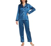 Vlazom Pyjamas for Women, Soft Satin Long Sleeve Pjs Set Two Piece Silk Pyjamas Classic Button Down Sleepwear Loungewear for All Seasons Peacock Blue,XL