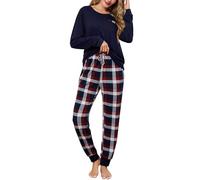 Vlazom Pyjamas for Women, Soft Two Pieces Pj's Sets Long Sleeve Tops and Plaid Pants Warm Pyjamas Set Sleepwear with Pockets Drawstring Navy Blue,XXL