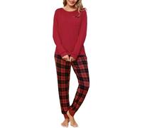 Vlazom Pyjamas for Women, Soft Two Pieces Pj's Sets Long Sleeve Tops and Plaid Pants Warm Pyjamas Set Sleepwear with Pockets Drawstring Red,XXL