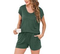 Vlazom Pyjamas Set for Women,Soft Cotton Pjs Set Loungewear Summer Two Piece Pyjamas Short Sleeve Sleepwear with Pockets Dusky Green,XL