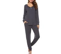 Vlazom Pyjamas Set for Women, Soft Two Pieces Pjs Sets Long Sleeve Button Down Tops and Pants Sleepwear with Pockets,A-Grey,XXL