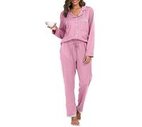 Vlazom Pyjamas Set for Women, Soft Two Pieces Pjs Sets Long Sleeve Button Down Tops and Pants Sleepwear Loungewear with Pockets Pink,XXL