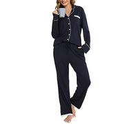 Vlazom Pyjamas Set for Women, Soft Two Pieces Pjs Sets Long Sleeve Button Down Tops and Pants Sleepwear Loungewear with Pockets,Navy Blue,XXL