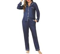 Vlazom Pyjamas Set for Women, Soft Two Pieces Pjs Sets Long Sleeve Button Down Tops and Pants Sleepwear Loungewear with Pockets Dark Blue Dots,XXL