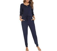 Vlazom Pyjamas Set for Women, Soft Two Pieces Pjs Sets Long Sleeve Button Down Tops and Pants Sleepwear with Pockets, A-Navy Blue,XXL