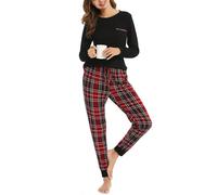 Vlazom Pyjamas Set for Women, Soft Two Pieces Pj's Sets Long Sleeve Tops and Plaid Pants Sleepwear with Pockets Drawstring A-Black,XXL