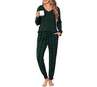 Vlazom Pyjamas Set for Women, Soft Two Pieces Pj's Sets Long Sleeve Tops and Plaid Pants Sleepwear with Pockets Drawstring Deep Green,XXL