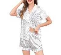 Vlazom Silk Pyjamas for Women,Soft Satin Pyjama Set Bride Shorts Pjs Set Button-Down Two Piece Sleepwear with Ruffled Hem Dots Printed,XL