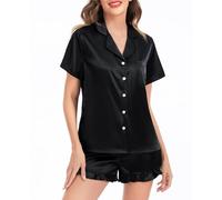 Vlazom Silk Pyjamas for Women,Soft Satin Pyjama Set Bride Shorts Pjs Set Button-Down Two Piece Sleepwear with Ruffled Hem Black,L